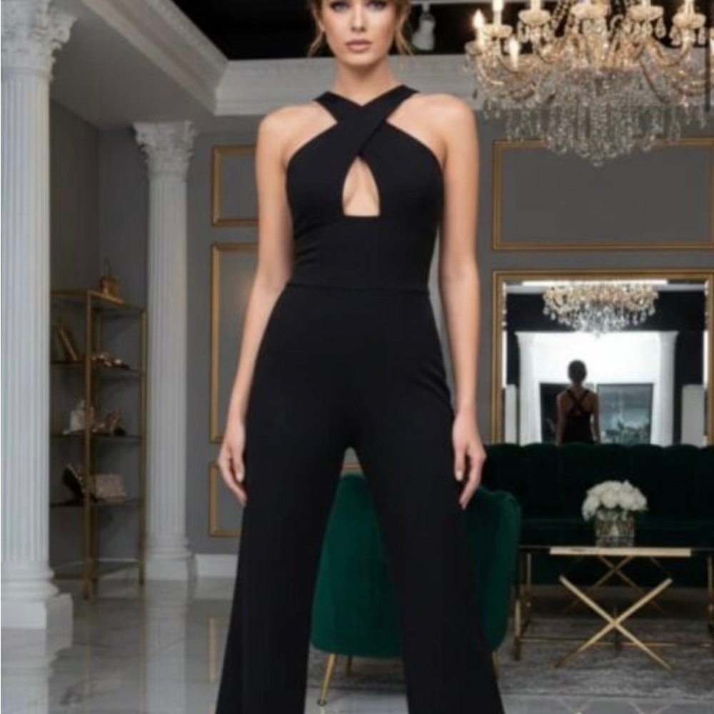 Sherri Hill Black Crisscross Halter Wide-Leg Jumpsuit